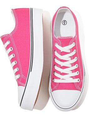 Women's Hot Pink Breathable Soft Slip Black Tennis Shoes White Canvas Sneakers